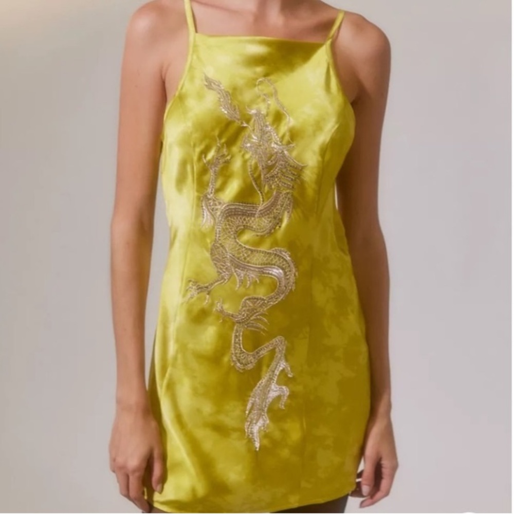 Urban Outfitters Yellow Satin Dragon Slip Dress